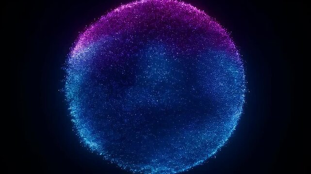 Glowing sphere of blue and purple particles forming luminous orb with sparkling texture and soft gradient lighting evoking futuristic atmosphere and cosmic energy neon particle sphere glowing orb