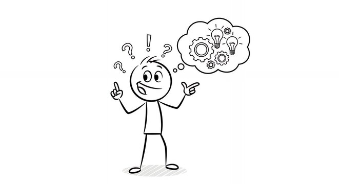 Confused Stickman with Question Marks and Thought Bubble on White Background