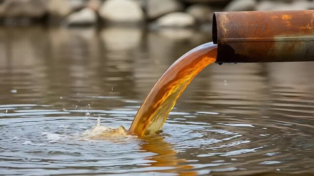 Industrial oil spill in water closeup rusty metal pipe pouring golden amber liquid pollution into