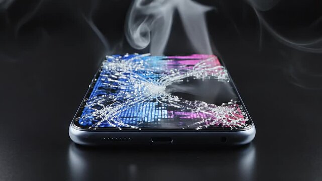 Cracked screen phone with rising smoke on a dark surface