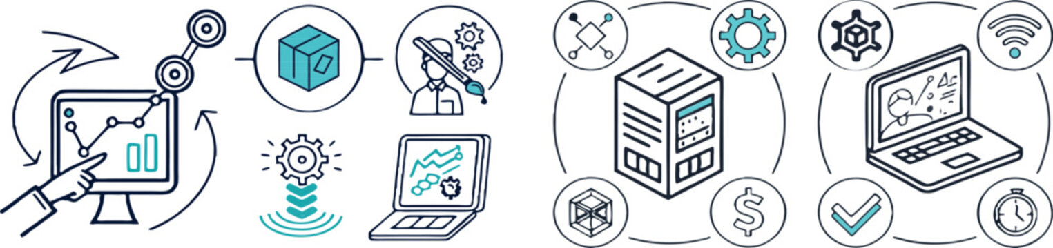 A vector graphic illustration of business and technology icons, including computers, laptops, and data analysis symbols.