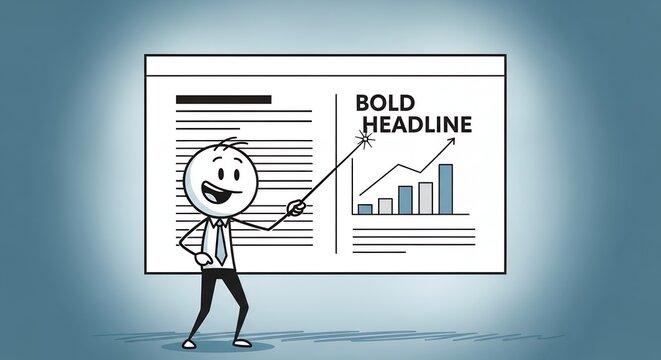 Excited Stickman Presenting Bold Headline Graph Data on Whiteboard in White Background Animation