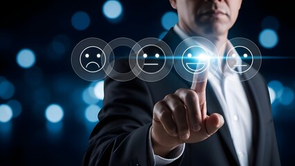 Discerning businessman in a suit is providing feedback by selecting the happy face on a luminous holographic customer satisfaction interface, indicating positive experience.