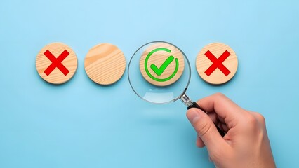 Hand holding a magnifying glass over a wooden circle with a green checkmark, highlighting the correct choice among several red crosses.