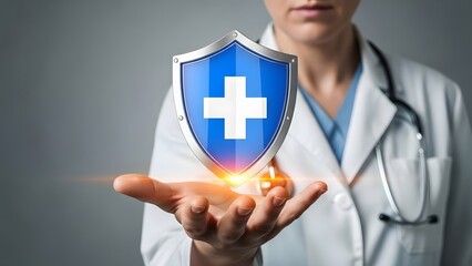 Healthcare professional, wearing a white lab coat and stethoscope, presents a shimmering blue shield with a white medical cross symbol.