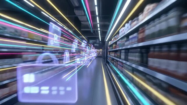 Futuristic supermarket with digital icons and neon speed lines representing smart shopping and retail technology