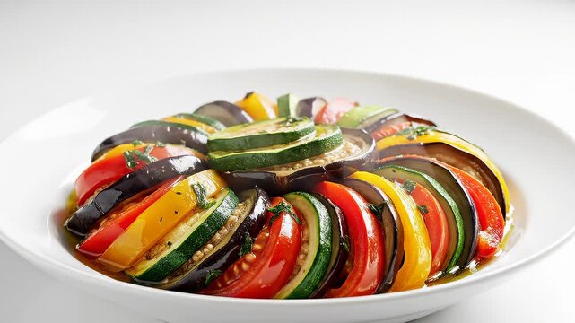 Beautifully Arranged Ratatouille Dish With Sliced Vegetables on a White Plate