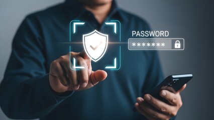 Person interacts with a digital shield icon and password field, holding a smartphone, illustrating online cybersecurity and data protection.