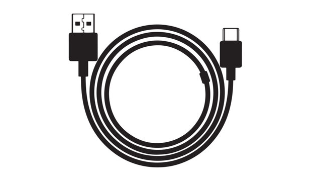 Black USB-A to USB-C cable coiled in a perfect circle, illustrating modern data transfer and charging technology for electronic devices on a clean white background.