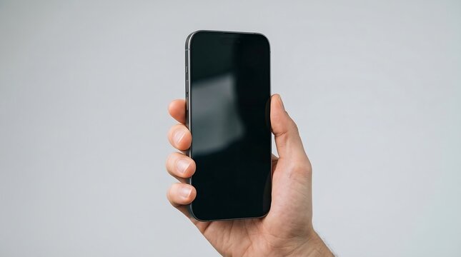 A hand holding a sleek black smartphone against a plain gray background