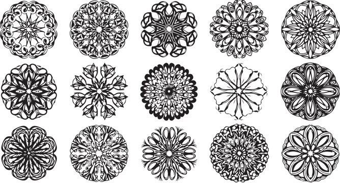 Collection of intricate black and white mandala designs and patterns