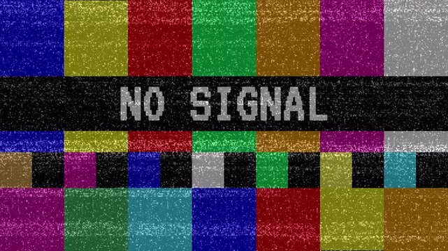no signal Text on Glitch Distortion Screen with TV Color Bars, No Signal Video Damage Effect, Digital Error video animation. 4K Video