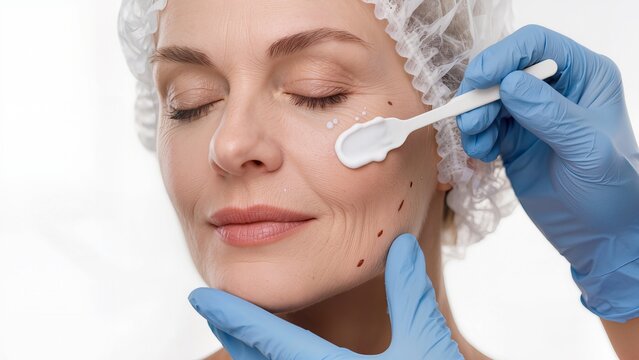 Close-up shot, white background, a middle-aged Caucasian woman receiving facial skincare treatment, half-face view showing visible skin texture under clinical lighting.