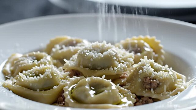 Close-Up of Delicious Tortellini Pasta Being Sprinkled With Grated Parmesan Cheese