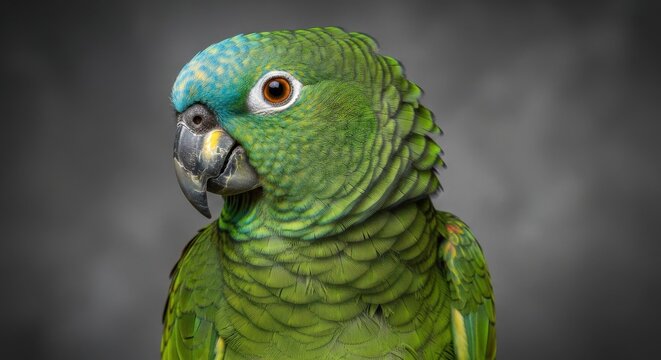 Close-up Portrait of a Vibrant Emerald Green Amazon Parrot Exhibiting Intelligent Eyes