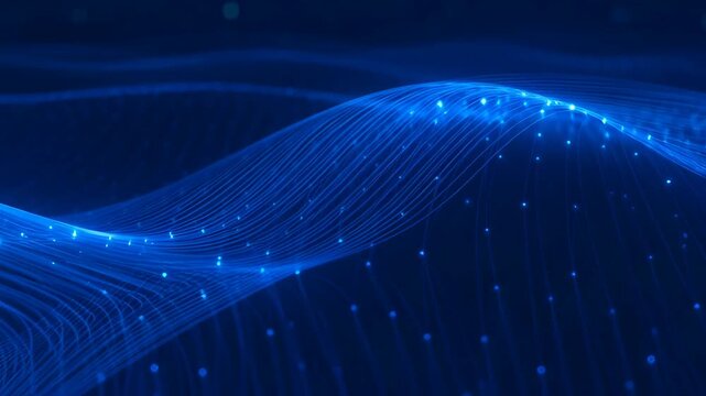 Abstract blue digital wave with flowing light lines and glowing particles conveying futuristic technology and motion, glowing blue fiber optic field wave pattern futuristic data visualization with