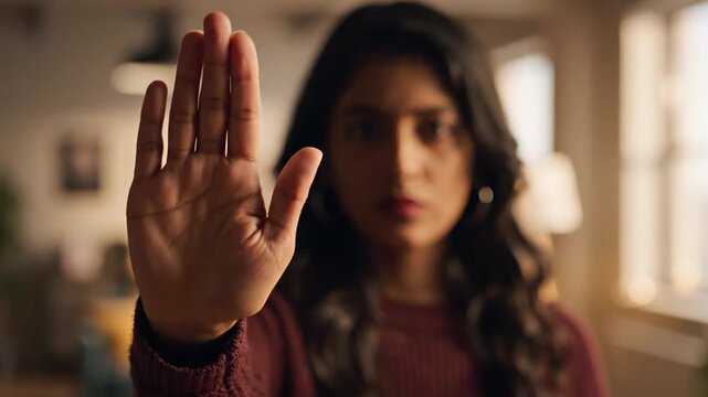 Serious woman holds hand up in stop gesture indoors