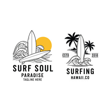 Vintage-style surfing emblems with surfboards, waves, sun, and tropical palm trees