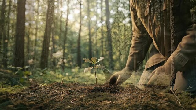 Hands planting a young oak tree sapling in forest soil for earth day