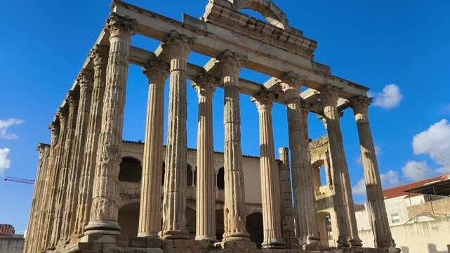 Roman ruins of Temple of Diana in Merida with classical historic architecture