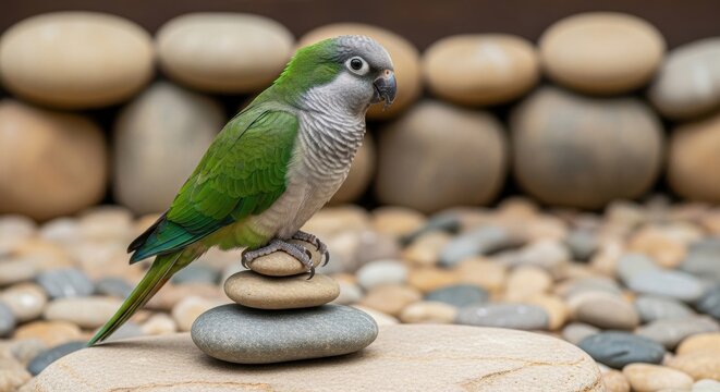 A Quaker Parrot with Vibrant Green and Grey Feathers Perched Gracefully on a Stack of Smooth Stones