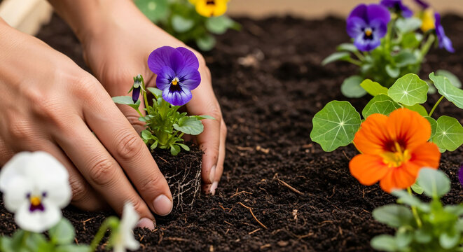 Person planting colorful pansy flowers in soil garden bed  