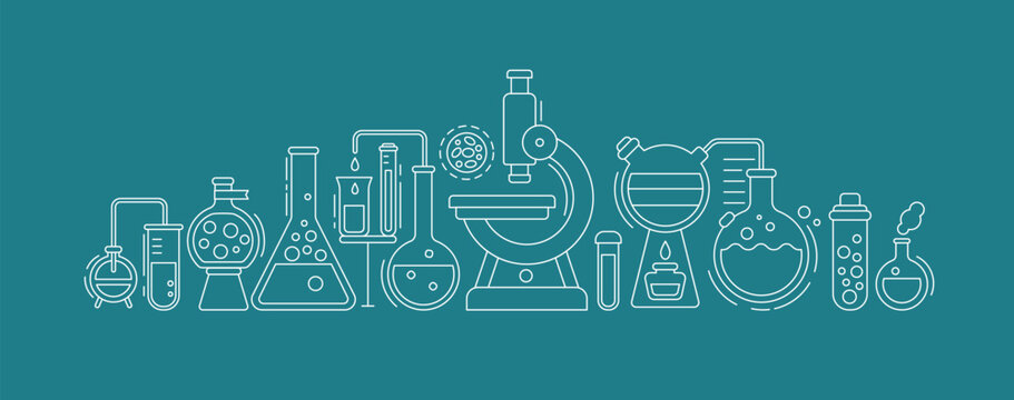 Medical laboratory icons with microscope, flasks and chemical research equipment. Outline banner of scientific lab with microscope, glass tube, beaker, molekule and cell, vector illustration