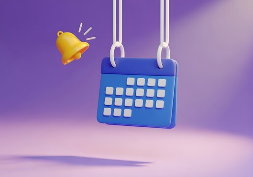 Blue calendar with white buttons and yellow bell notification icon hanging on white ropes with purple background