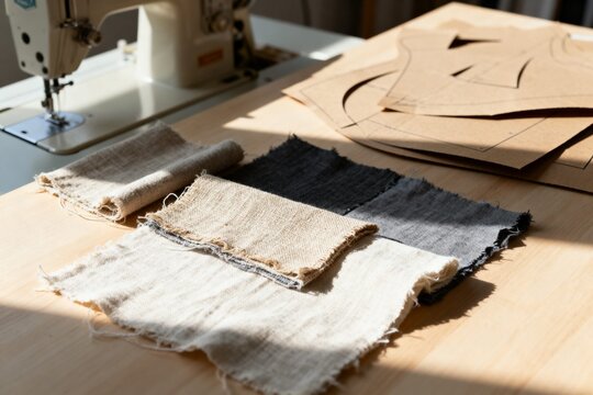 Modernes Modedesign aus recycelten Textilien, Stoffproben und Schnittmuster in einem hellen Atelier, nachhaltiges Modedesign Konzept