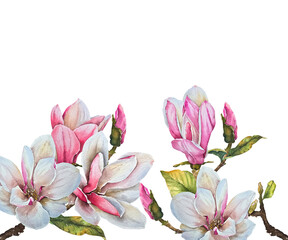 Obraz premium Magnolia flower frame with pink and white blossoms, buds and leaves, painted in delicate watercolor style. Illustration for invitations, cards, posters, stationery, spring design.