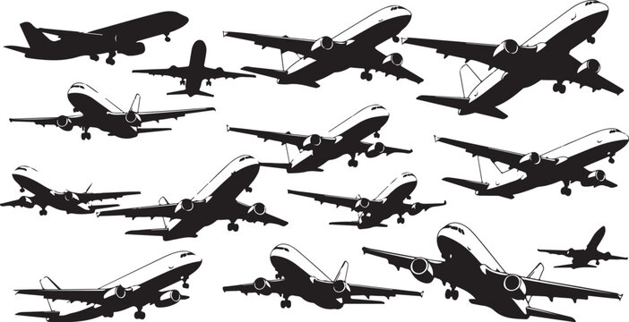 Collection of airplane silhouettes in various flight positions and angles
