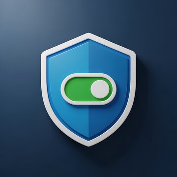 Blue shield icon with green toggle button on dark blue background  security symbol with enabled switch