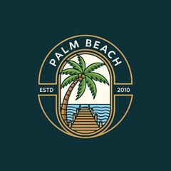 Obraz premium Tropical beach emblem with palm tree and pier, retro coastal vacation illustration design