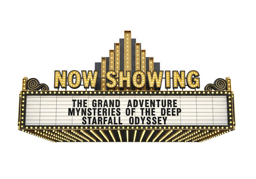 Vintage theater marquee sign now showing movies, cinema art deco style