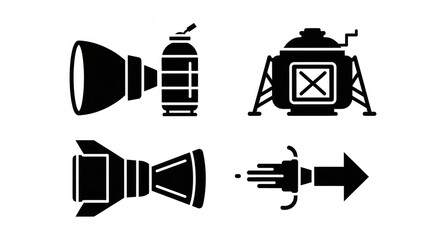 Set of four icons depicting rocket parts, lunar lander, and spacecraft propulsion system © YENI