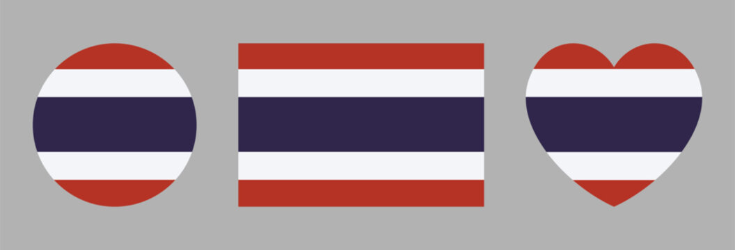 National Flag of Thailand circle, heart, rectangle icon, sticker, badge. Thailand flag round, rectangular, heart button, banner. 