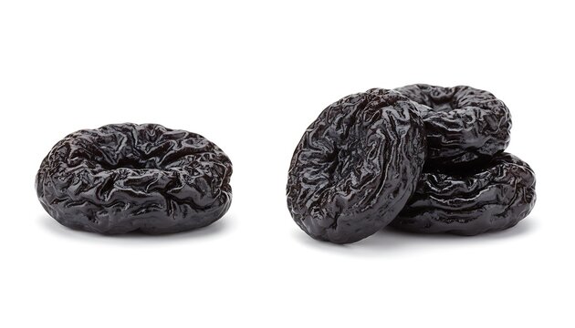 Prunes isolated on white background, heap of dried plums. Dried Fruit / Prunes / Dark Berries