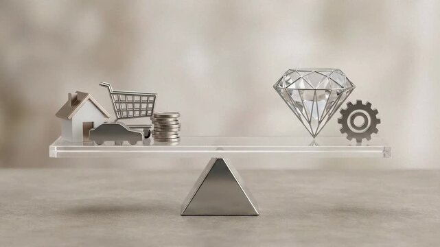Scale balancing house, car, and money icons against diamond and gear symbols representing economic equilibrium