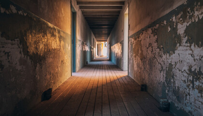 Obraz premium Long, narrow corridor with weathered walls and wooden floor, illuminated by natural light.