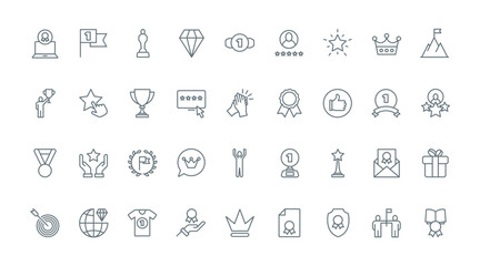 Fototapeta premium Awards thin line icons set vector illustration. Outline black trophy badges simple collection, premium prize of best quality and trophy of winner, gold stars, diamond and cup reward, crown and laurel