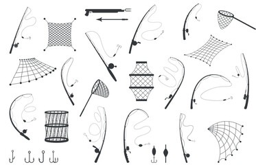 Black fishing tools. Fishing rods and nets for commercial fishing, floats and hooks, landing nets, harpoons with arrows. Hobby equipment, sapid vector set © MicroOne