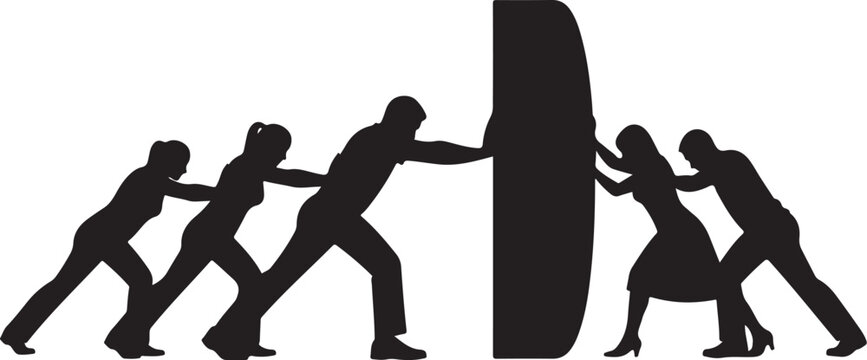 Silhouette of people pushing a large object together in unison