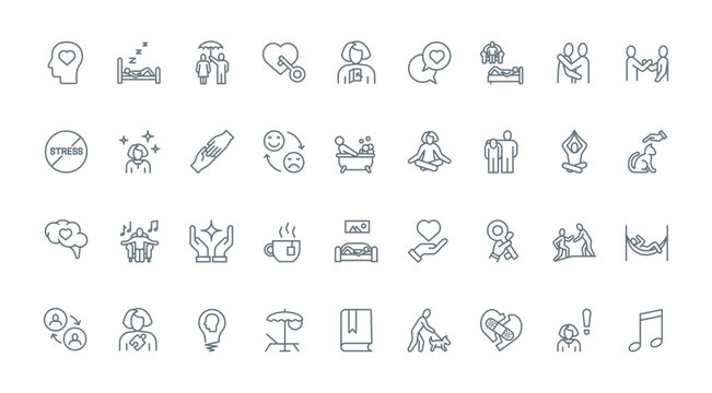 Help and support in stress, wellbeing thin line icons set vector illustration. Symbols of self mind hygiene and mental health to heal stress problems and depression, psychology assistance and therapy
