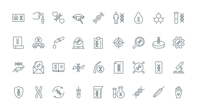 DNA research, medical tests in clinic thin line icons set vector illustration. Outline genetic diagnostics symbols, analysis of hair and blood samples, scientific technology for disease diagnosis