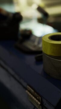 A close view shows a yellow roll of tape and various tools on a workbench in a workshop. There are tools and equipment scattered around in a typical workspace.