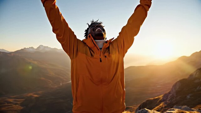 Joyful man in orange jacket laughs, gazing up at sunset mountains
