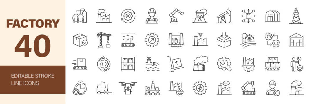 Factory icon set. Editable line icons. Vector illustration.