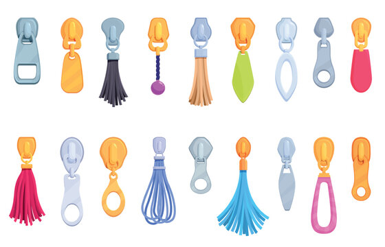 Cartoon zipper pulls. Pullers with beads, leather or thread tassels, ropes and metal silver or gold clasps. Elements for bags, clothes, backpack, sapid vector set