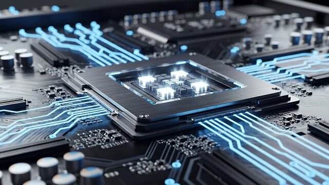 Close up of a central processing unit on a circuit board with glowing blue circuits
