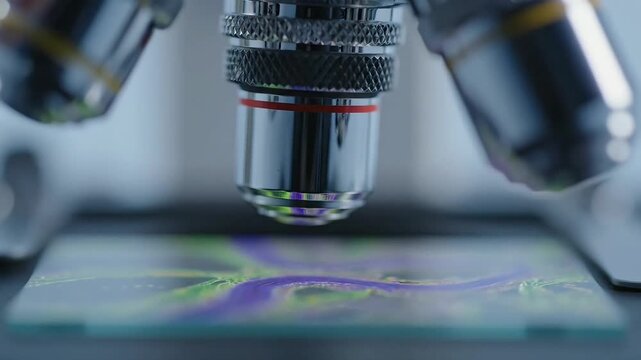 Professional laboratory microscope objective lens focusing on a glass slide with colorful specimen for medical research and scientific analysis.